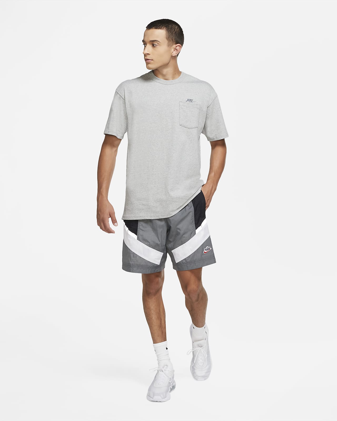 Buy > grey nike shorts and t shirt > in stock
