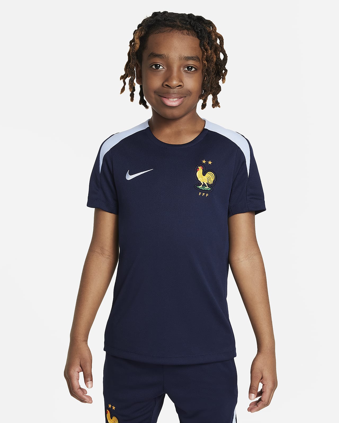 Ποδοσφαιρική κοντομάνικη πλεκτή μπλούζα Γαλλία Nike Dri-FIT Strike για μεγάλα παιδιά