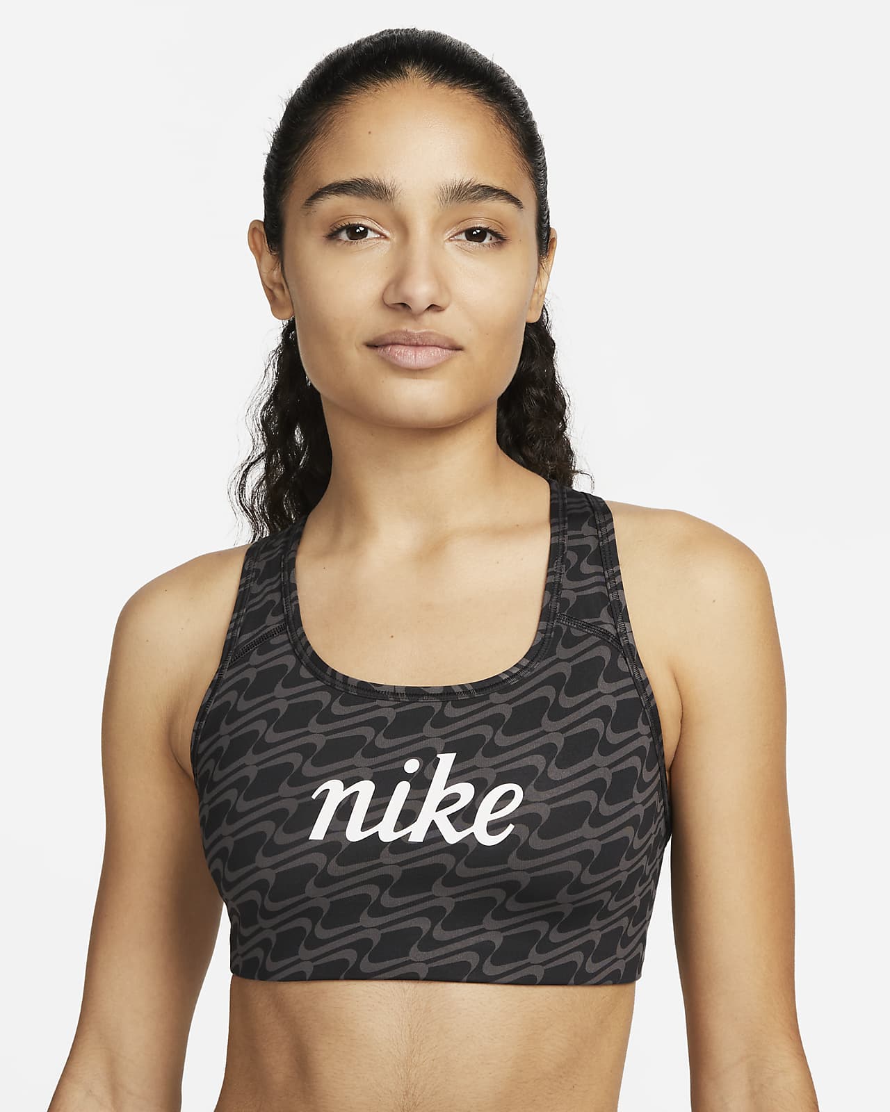 Nike Swoosh Icon Clash-sports-bh uden indlæg og med medium støtte og heldækkende print til kvinder