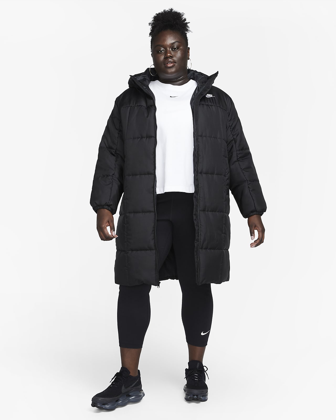Nike Plus classic longline padded jacket with hood in black