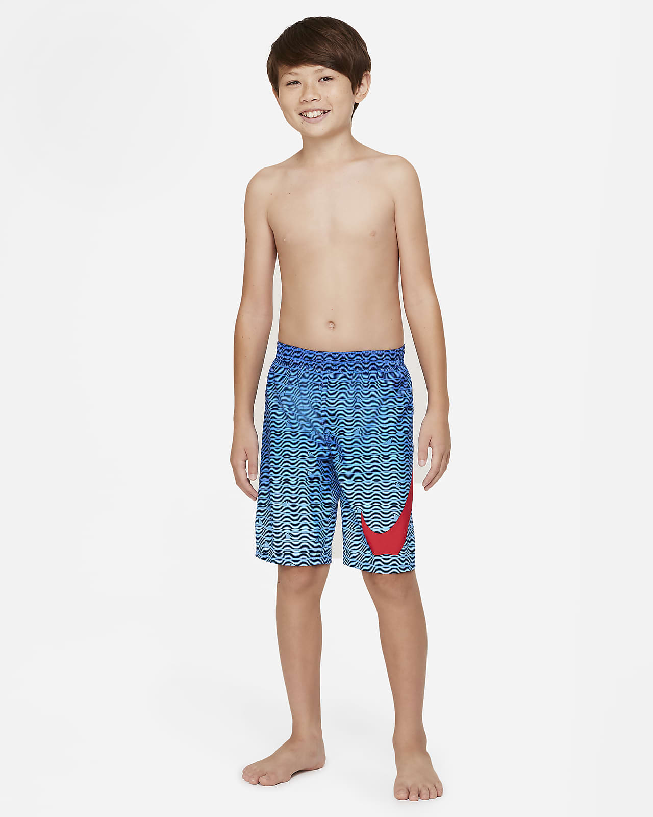New Long Swim Trunk Red W/ Stripes Boys Bathing Suit Swim Trunks Size Small 8 