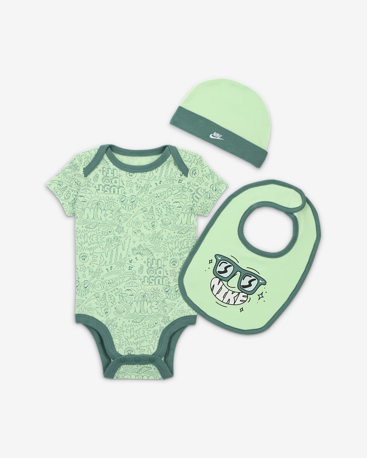 Caja de conjunto de body de tres piezas para bebé (de 0 a 9 meses) Nike Adventure Doodle