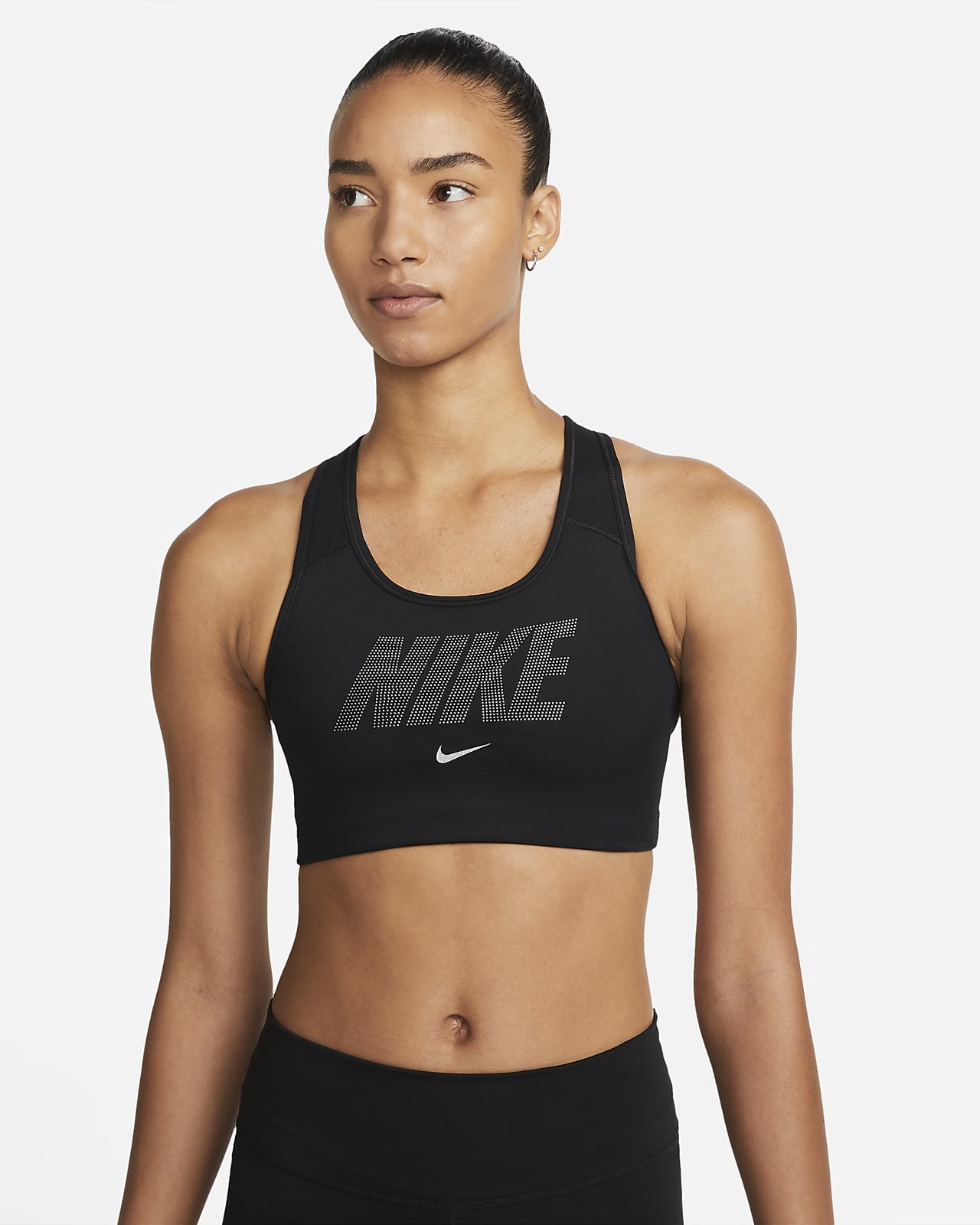 Brassière de sport non rembourrée à maintien normal et motif métallisé Nike Dri-FIT Swoosh pour Femme