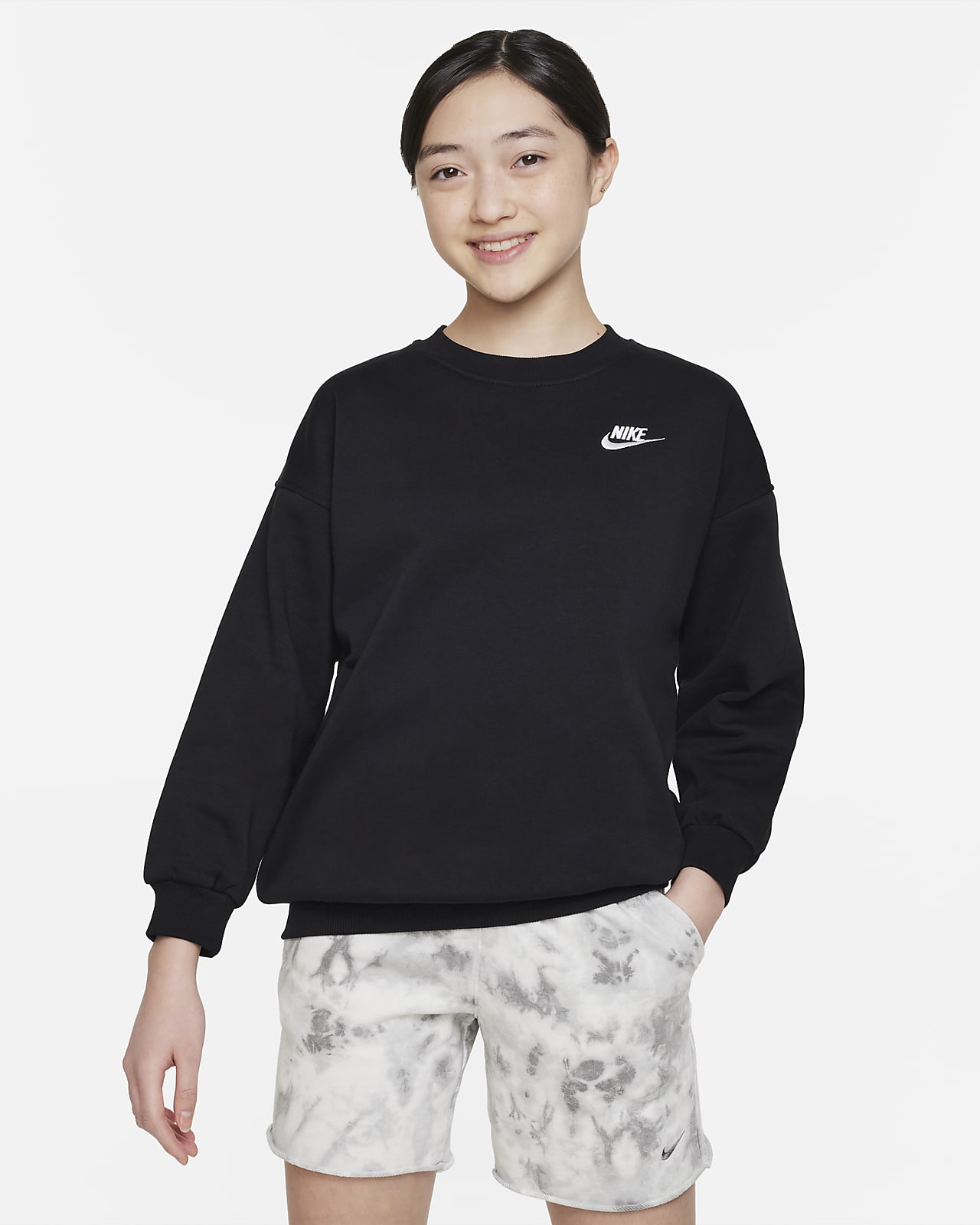 Overdimensioneret Nike Sportswear Club Fleece-sweatshirt til større børn (piger)