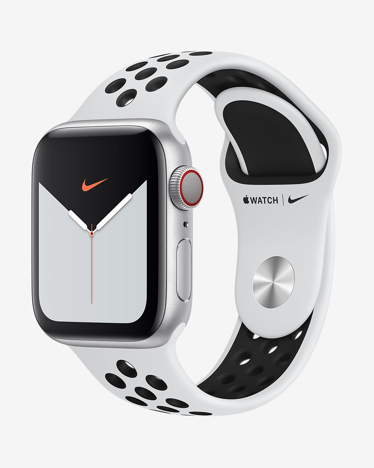 Apple Watch Nike 5 (GPS + Cellular) med Nike Sportsrem Open 44 mm urkasse i sølvfarvet aluminium. Nike