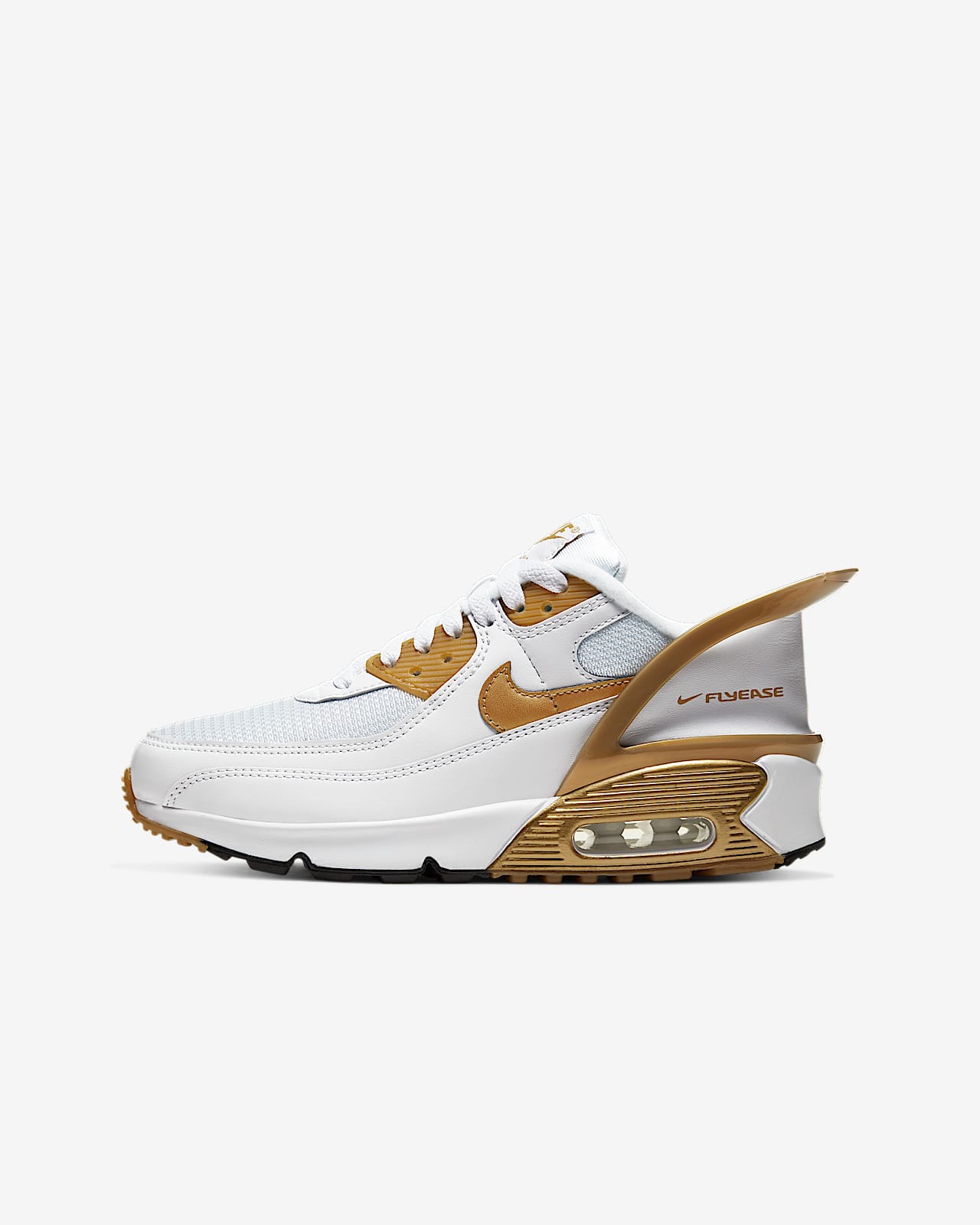 Gs Nike Air Max 90 Flyease White Metallic Gold 55 97 Free Shipping Sneaker Steal