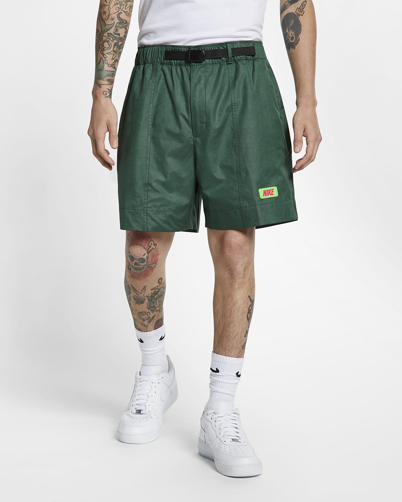 nike oversized swoosh pocket green shorts