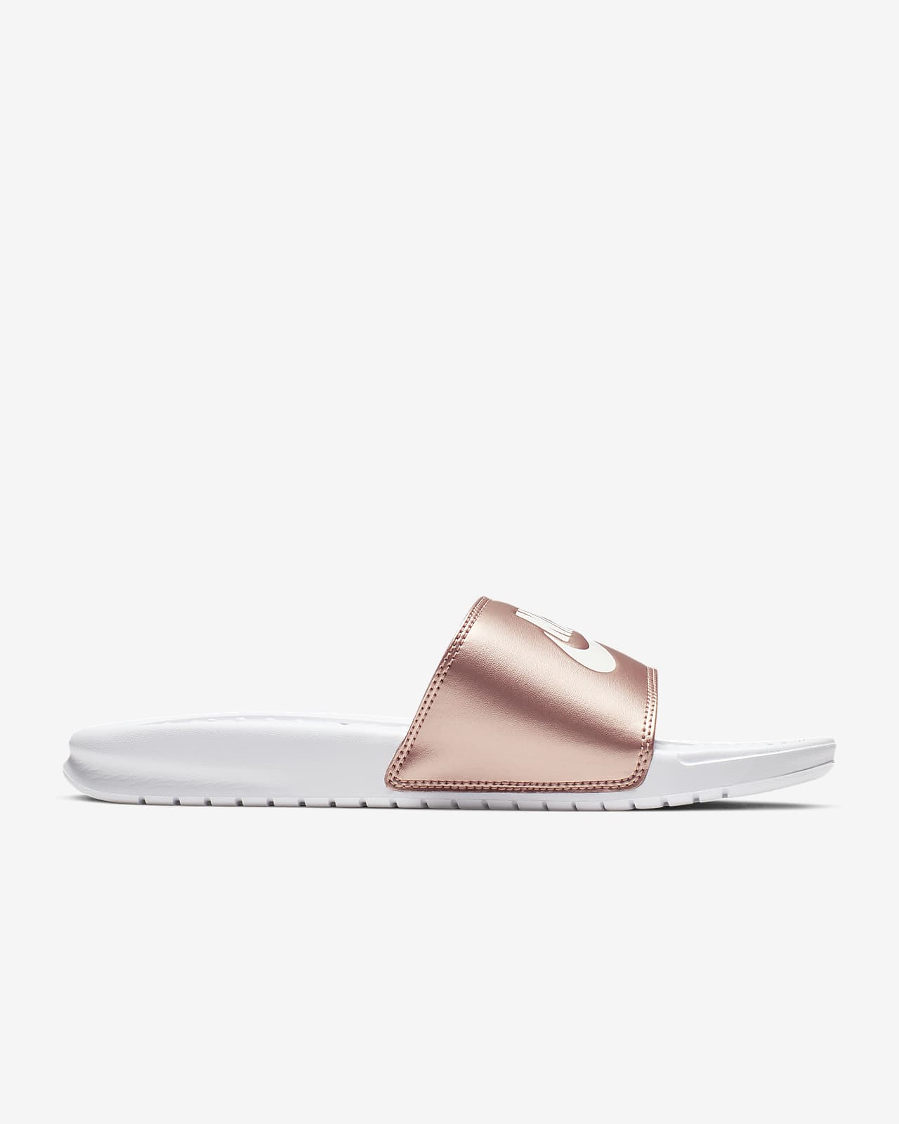 pink and gold nike slides