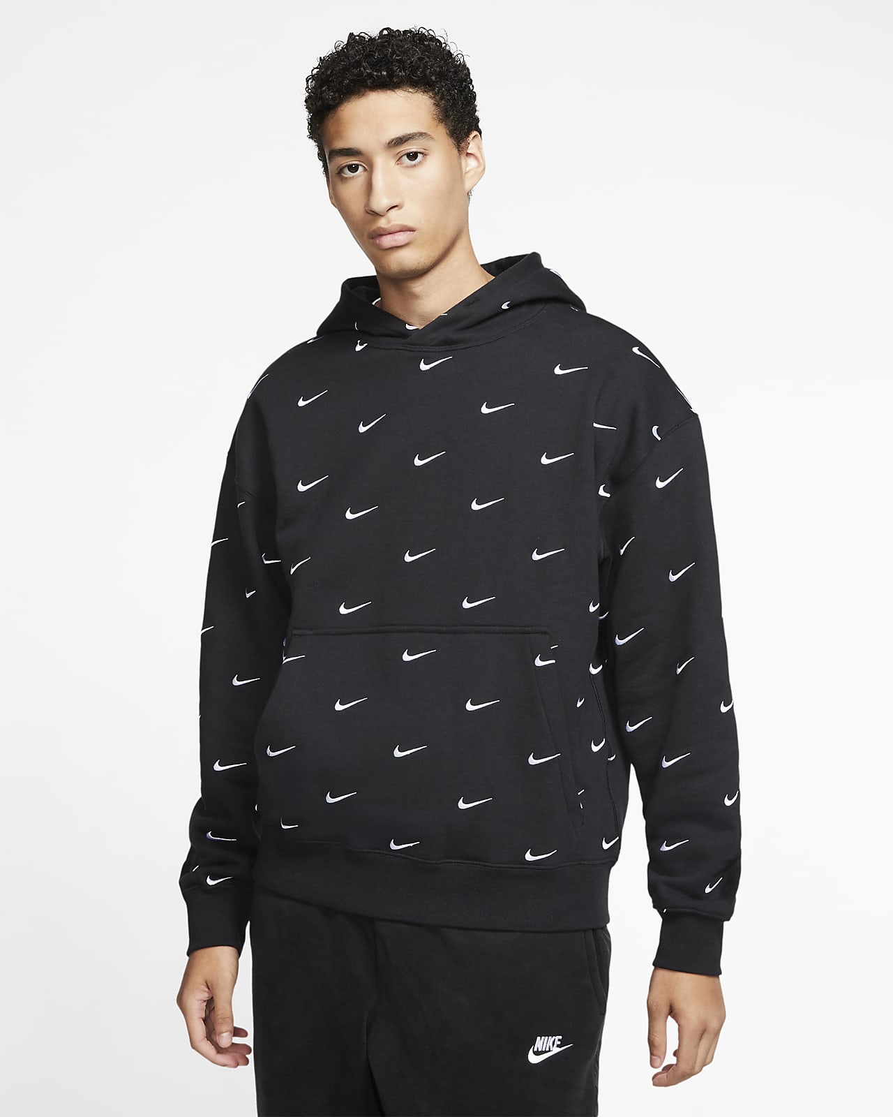 white nike hoodie with black swoosh all over
