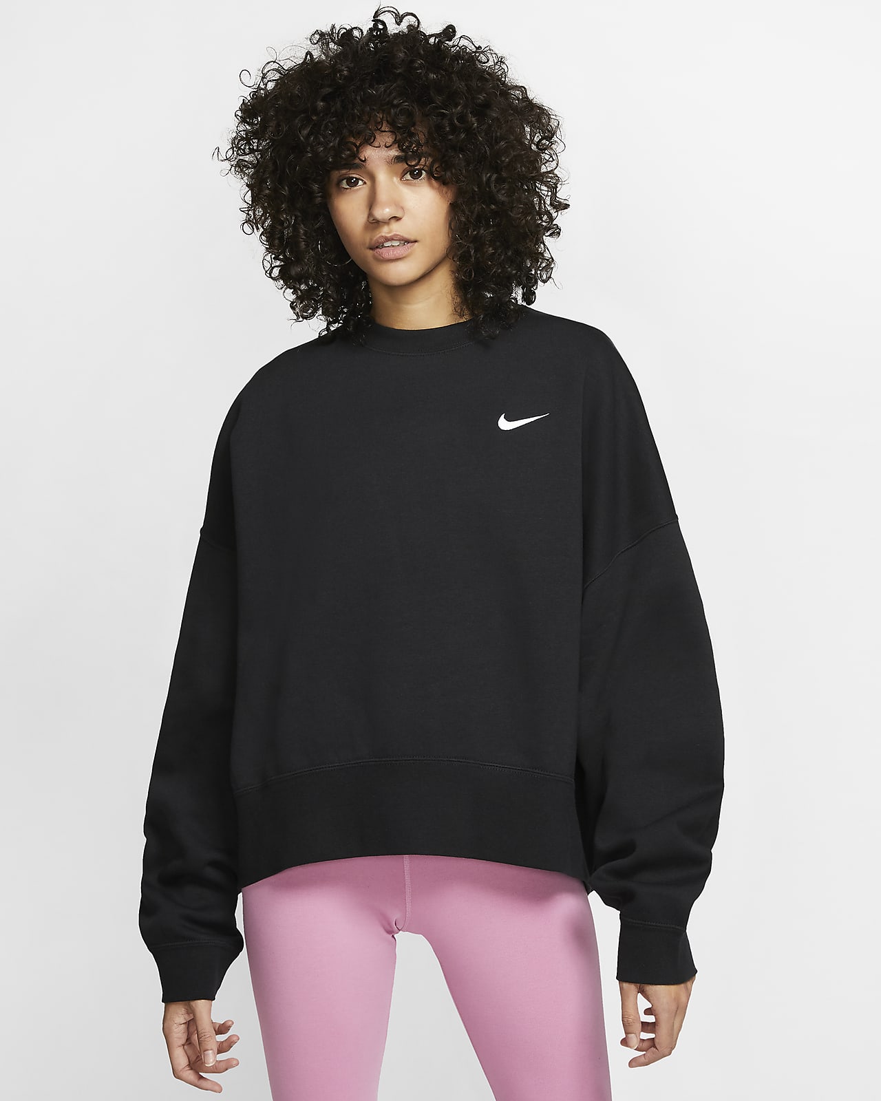 Nike Sportswear Essential Fleeceshirt met ronde hals voor NIKE ESSENTIAL CREW FLEECE SWEATER ZWART DAMES