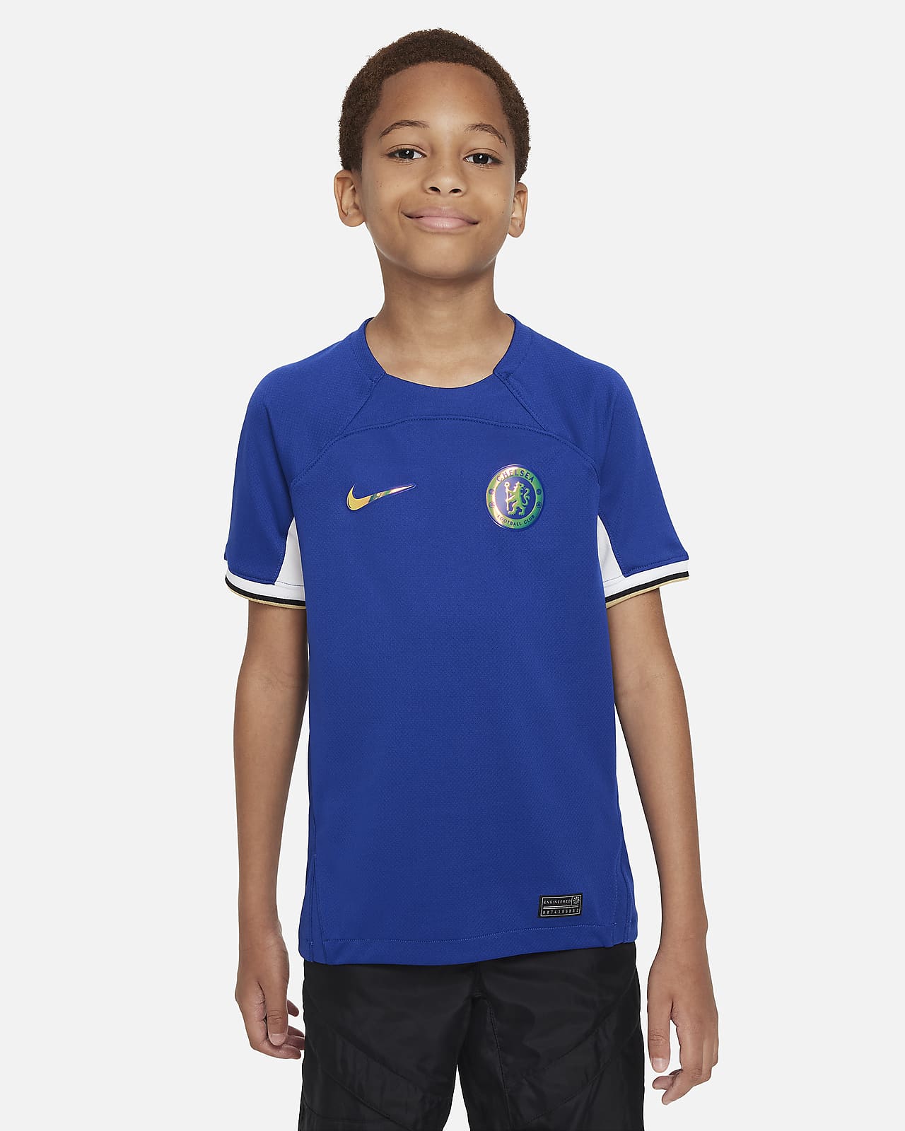 Camisola de futebol Nike Dri-FIT do equipamento principal Stadium Chelsea FC 2023/24 Júnior