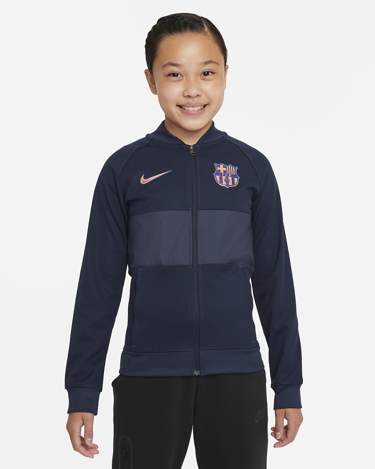 Dresowa bluza piłkarska z zamkiem na całej długości dla dużych dzieci FC Barcelona