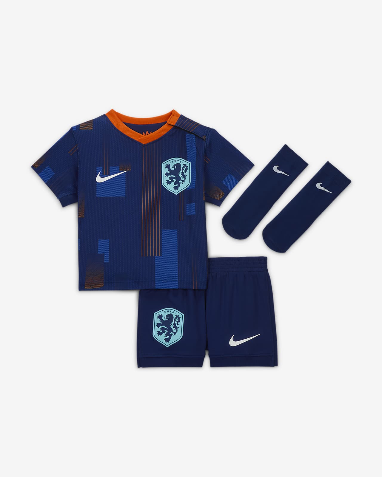 Trzyczęściowy strój piłkarski dla niemowląt i maluchów Nike Holandia Stadium 2024 (wersja wyjazdowa) – replika