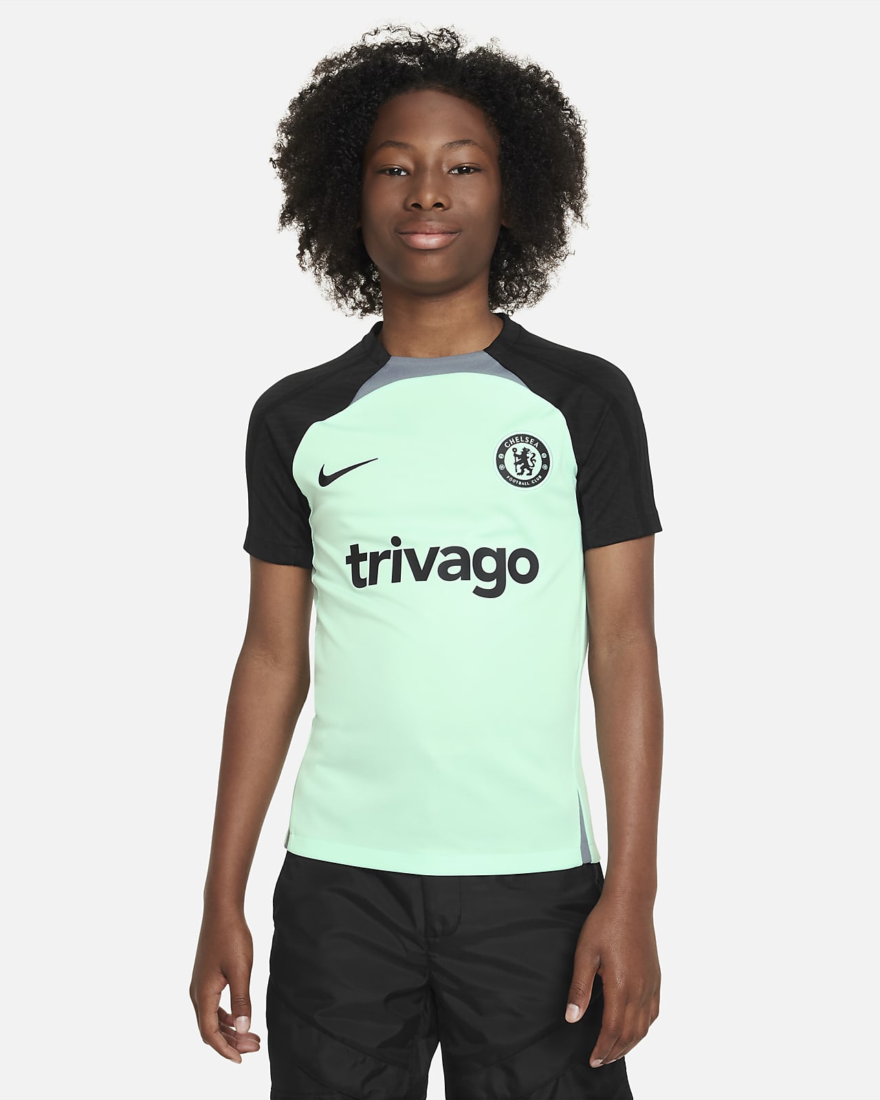 Pleteninové fotbalové tričko Nike Dri-FIT Chelsea FC Strike s krátkým rukávem pro větší děti, třetí
