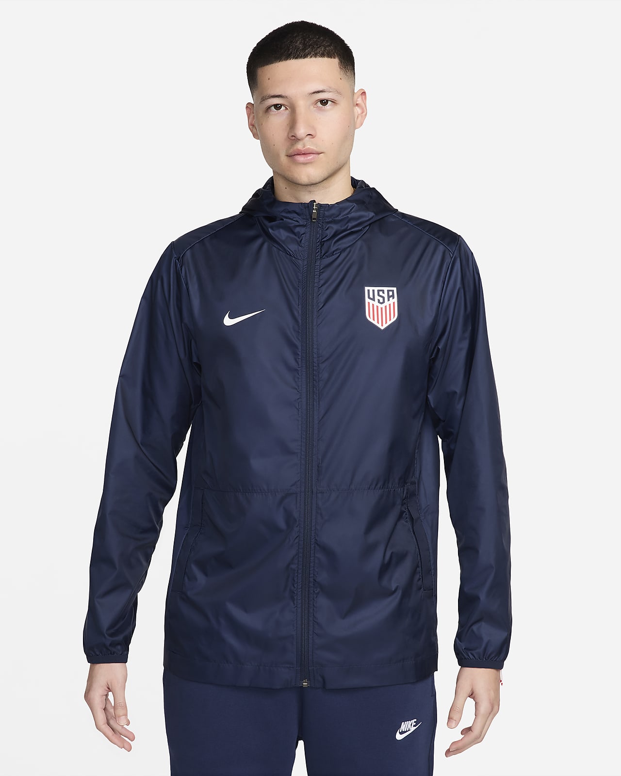 Chamarra con gorro de fútbol para lluvia Nike para hombre de la selección nacional de fútbol masculino de Estados Unidos Academy Pro