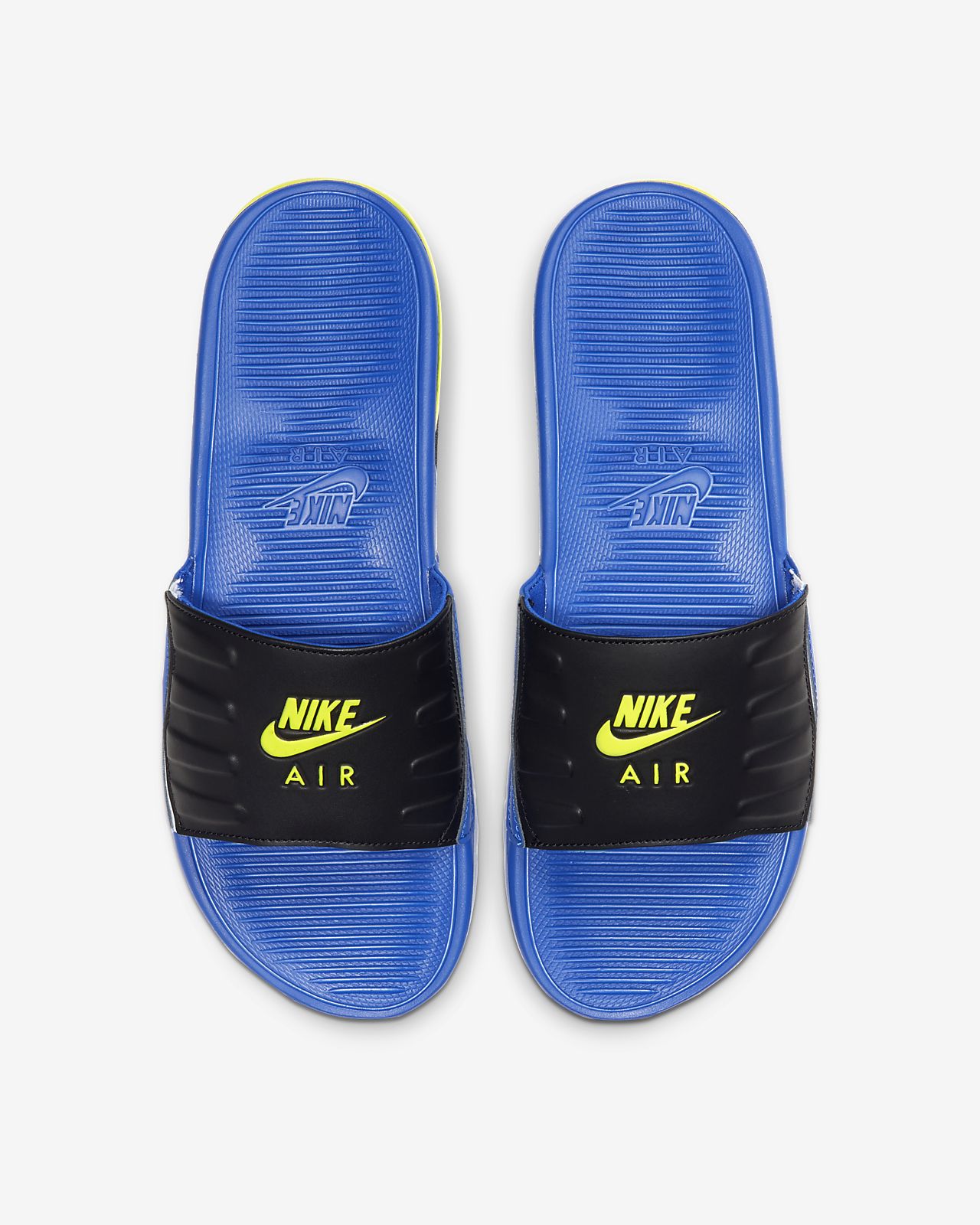 royal blue nike slides with gold check 