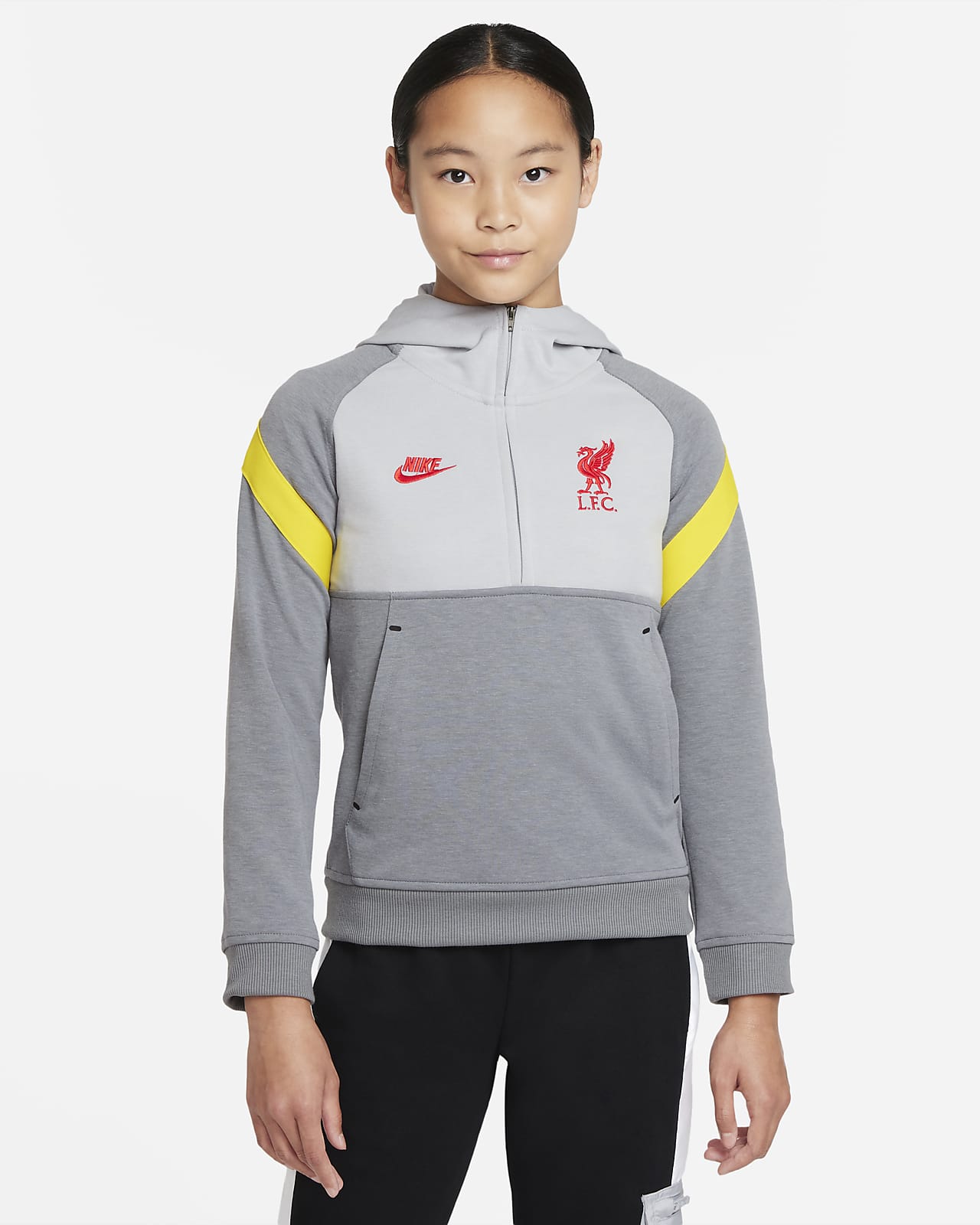Fotbalová mikina s kapucí a polovičním zipem Liverpool FC pro větší děti.