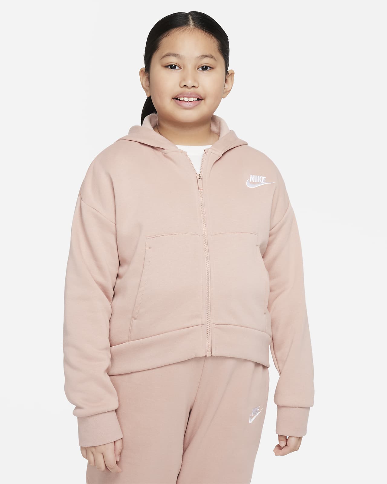 Mikina Nike Sportswear Club Fleece pro větší děti (dívky) s kapucí a zipem po celé délce (rozšířená velikost)