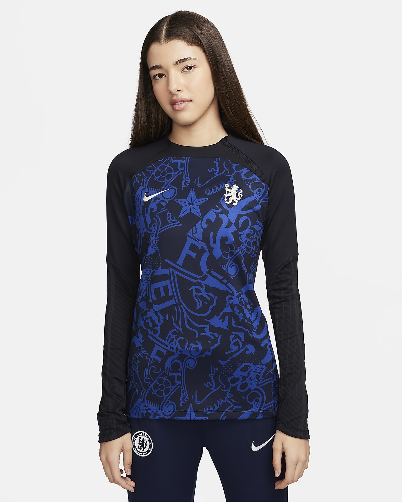 Damska treningowa koszulka piłkarska z półokrągłym dekoltem Nike Dri-FIT Chelsea F.C. Strike