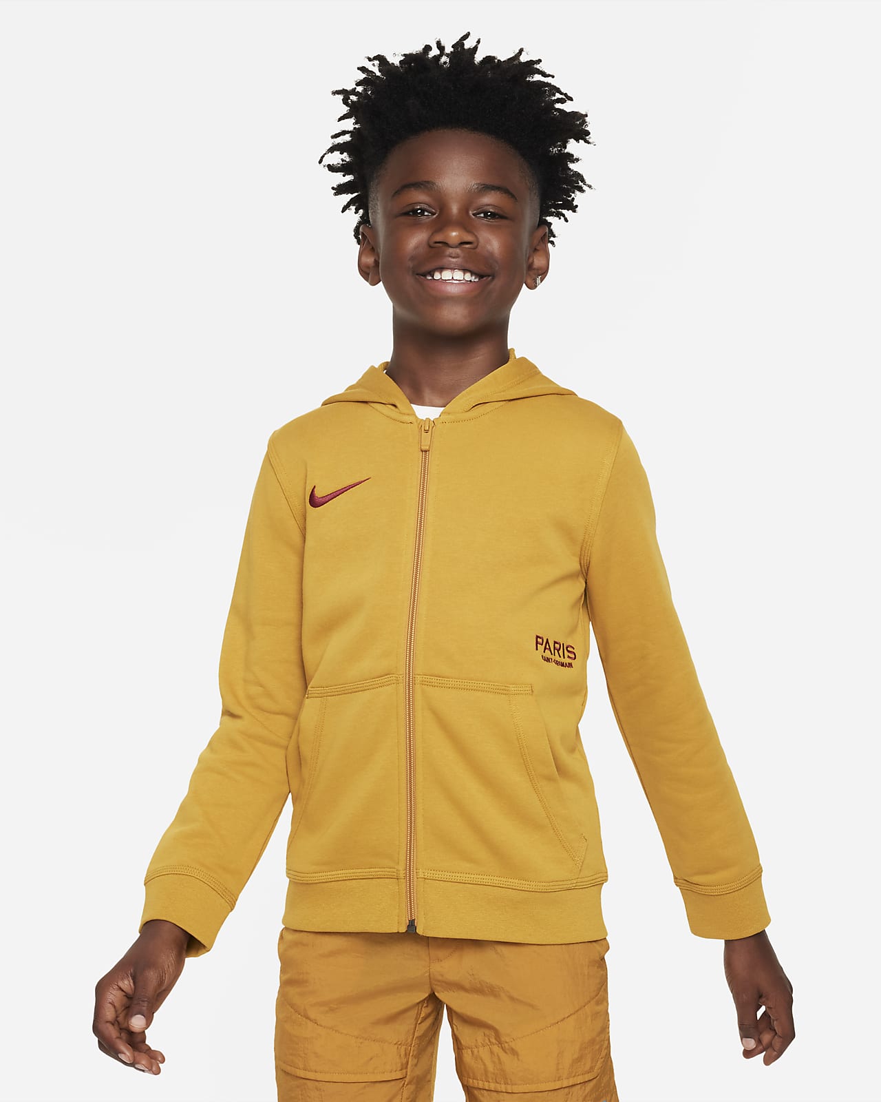 Paris Saint-Germain Club Nike Soccer hosszú cipzáras, francia frottír, kapucnis pulóver nagyobb gyerekeknek (fiúknak)