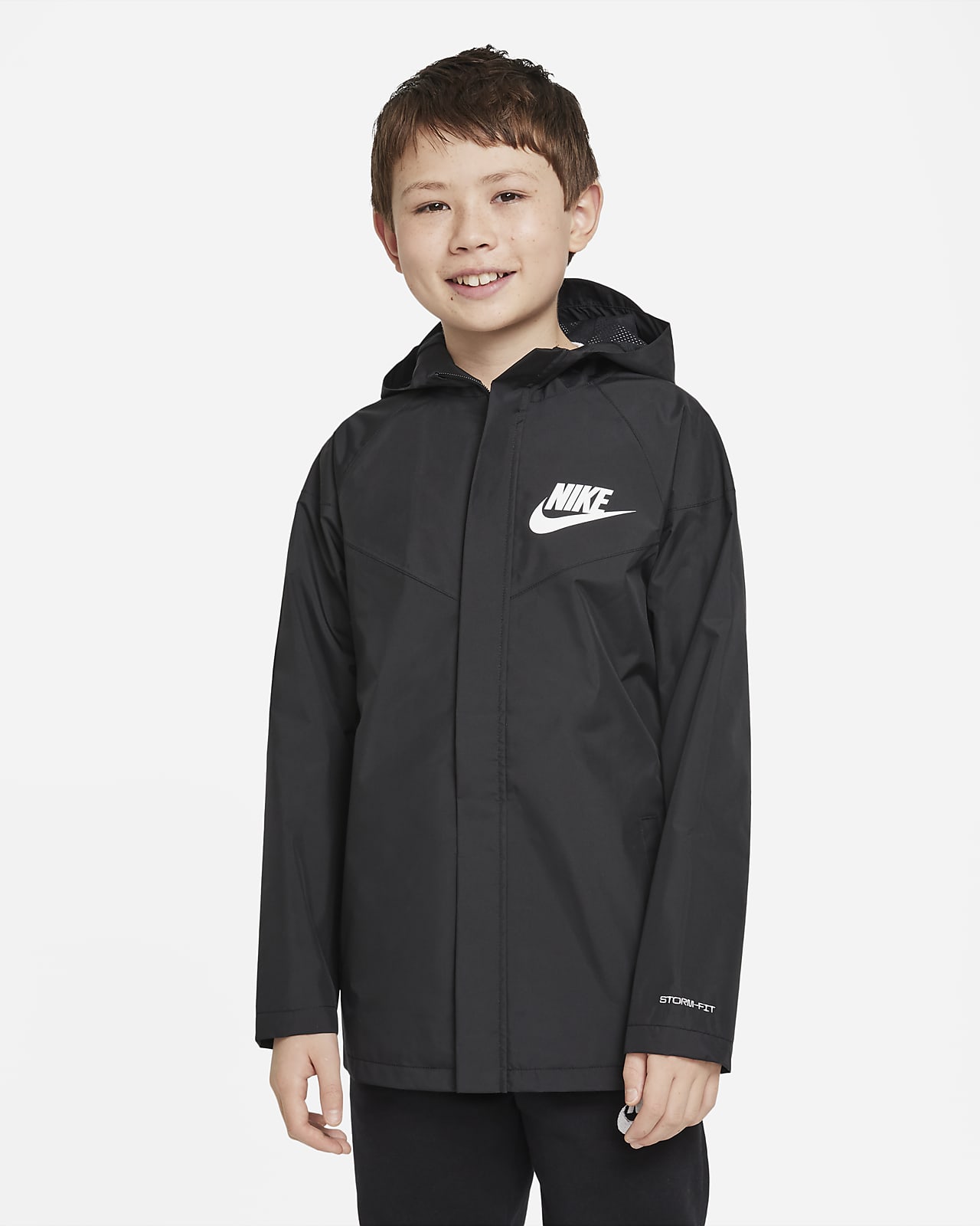 Voděodolná volná bunda Nike Sportswear Windpuffer Storm-FIT s kapucí a délkou po boky pro větší děti (chlapce)
