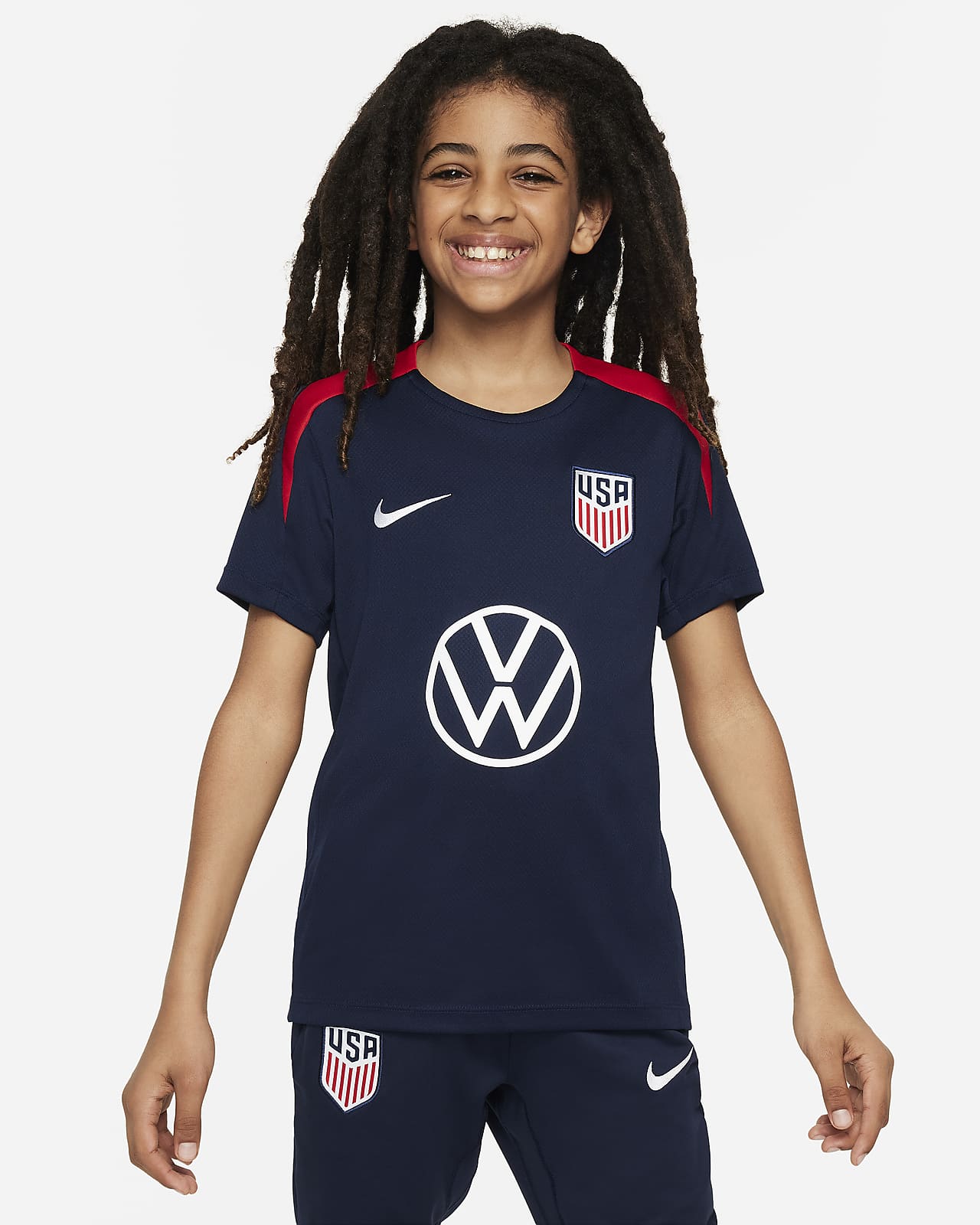 Playera de fútbol de manga corta de tejido Knit Nike Dri-FIT para niños talla grande de la selección nacional de fútbol masculino de Estados Unidos Strike