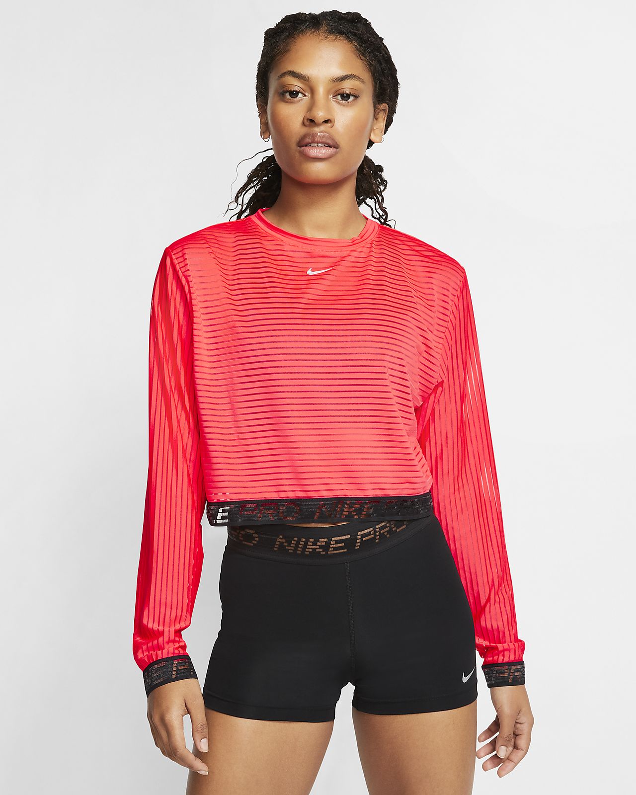 nike training long sleeve mesh crop top in black