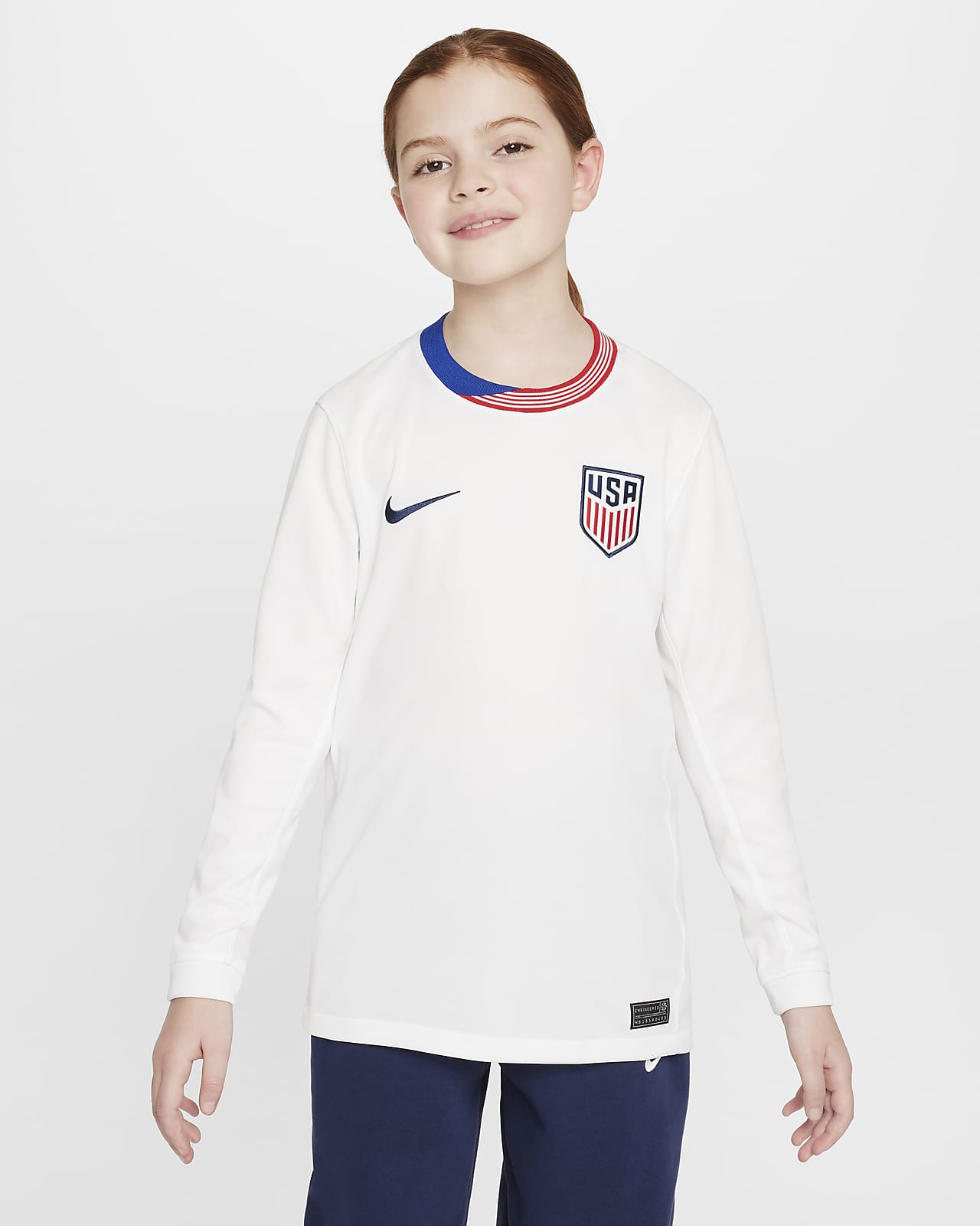 Jersey de fútbol de manga larga Nike Dri-FIT replica de la selección femenina de fútbol de los Estad os Unidos 2024 Stadium local para niño talla grande