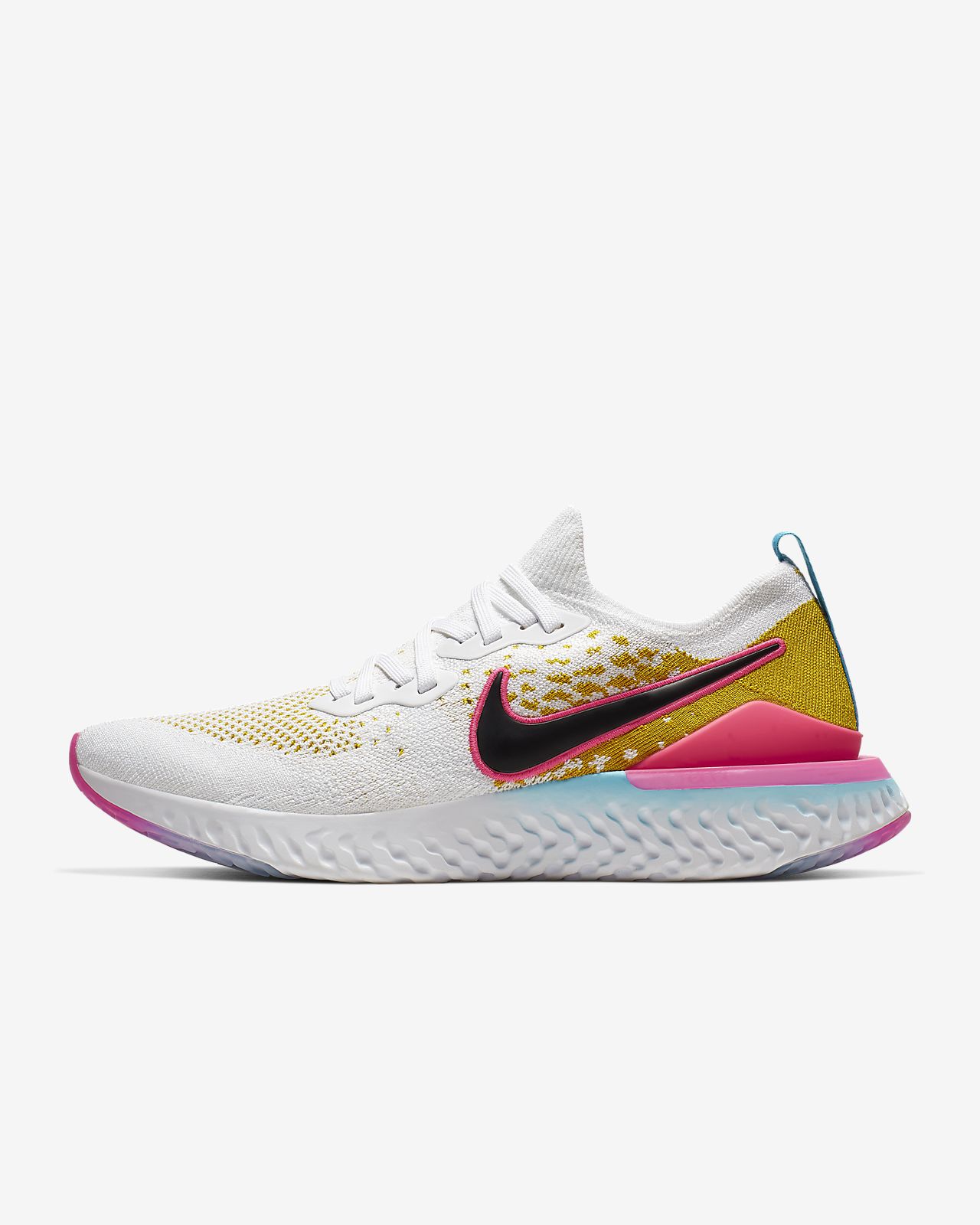 nike running epic react flyknit trainers in blue and pink
