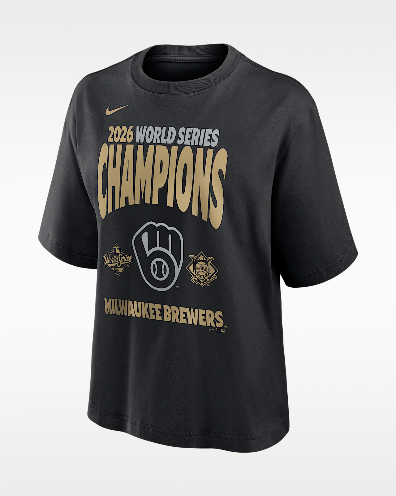 Женская футболка Milwaukee Brewers 2026 World Series Champions Raise the Trophy Boxy Nike MLB