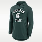 Playera de manga larga universitaria Nike Dri-FIT con gorro para hombre Michigan State Campus Arch
