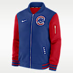 Chamarra bomber de la MLB de cierre completo Nike para hombre Chicago Cubs Authentic Collection Dugout