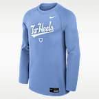 Playera de manga larga universitaria Nike Dri-FIT para hombre North Carolina Dugout Game Time