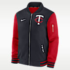 Chamarra bomber Nike de la MLB de cierre completo para hombre Minnesota Twins Authentic Collection Dugout