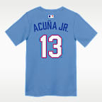 Playera Nike de la MLB para niños talla pequeña Ronald Acuña Jr. Atlanta Braves, edición City Connect