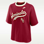 Playera universitaria Nike para mujer Florida State Legacy Fight Song Boxy