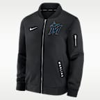 Chamarra bomber de la MLB de cierre completo Nike para hombre Miami Marlins Authentic Collection Dugout