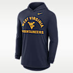 Playera de manga larga universitaria Nike Dri-FIT con gorro para hombre West Virginia Primetime Arch