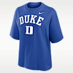 Playera universitaria Nike para mujer Duke Arch Over Logo Boxy