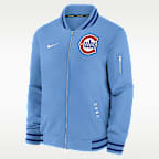 Chamarra bomber de la MLB de cierre completo Nike para hombre Chicago Cubs Authentic Collection Dugout