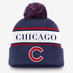 Gorro con dobladillo y pompón Nike de la MLB para hombre Chicago Cubs Team Stripe Peak - Royal