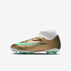 Chaussure de foot montante à crampons AG Nike Jr. Mercurial Superfly 11 Academy "Kylian Mbappé" pour pré-ado - Metallic Gold/Green Glow