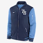 Chamarra bomber Nike de la MLB de cierre completo para hombre Tampa Bay Rays Authentic Collection Dugout