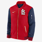Chamarra bomber Nike de la MLB de cierre completo para hombre St. Louis Cardinals Authentic Collection Dugout