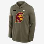 Playera de manga larga universitaria Nike Dri-FIT con gorro para hombre USC 2025 Military Appreciation