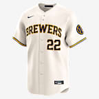Jersey Nike Dri-FIT ADV de la MLB Limited para hombre Christian Yelich Milwaukee Brewers - Crema