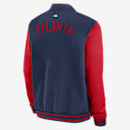 Chamarra bomber Nike de la MLB de cierre completo para hombre Atlanta Braves Authentic Collection Dugout