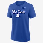 Playera universitaria Nike para mujer Duke Script Mantra Logo - Royal