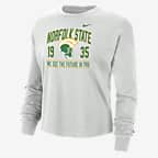 Playera de manga larga universitaria Nike de corte cuadrado para mujer Norfolk State - Polvo fotón