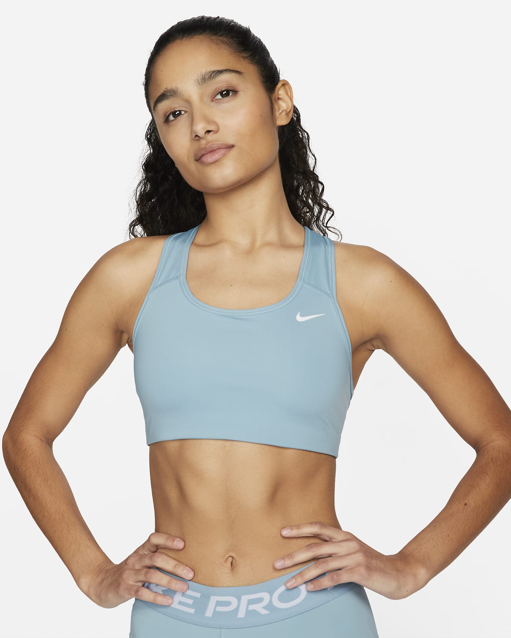 Nike Dri-FIT Swoosh Women\'s Medium-Support Non-Padded Sports Bra Worn Blue/White